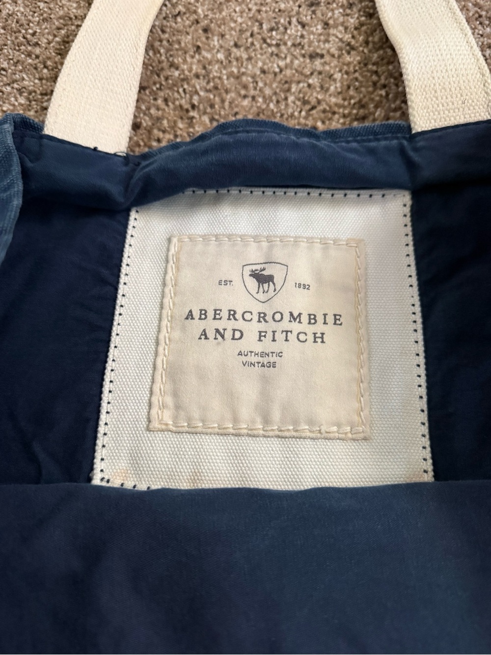 Abercrombie & Fitch Navy Canvas Tote Bag with Cream Handles 2000s Y2K Millennial - Picture 3 of 5